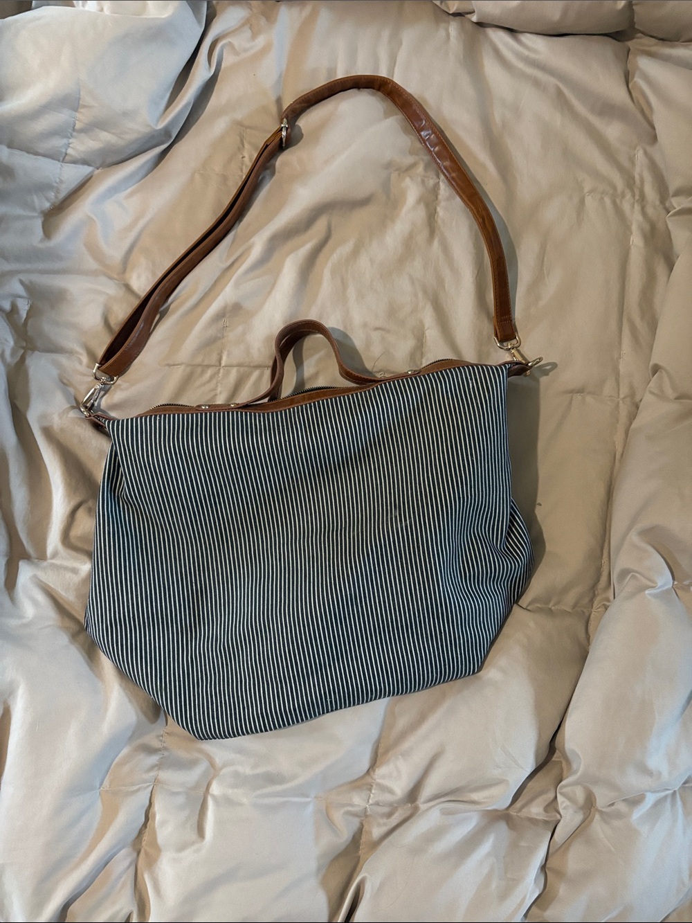 Striped Canvas Tote with Brown Leather Trim - Women Bags